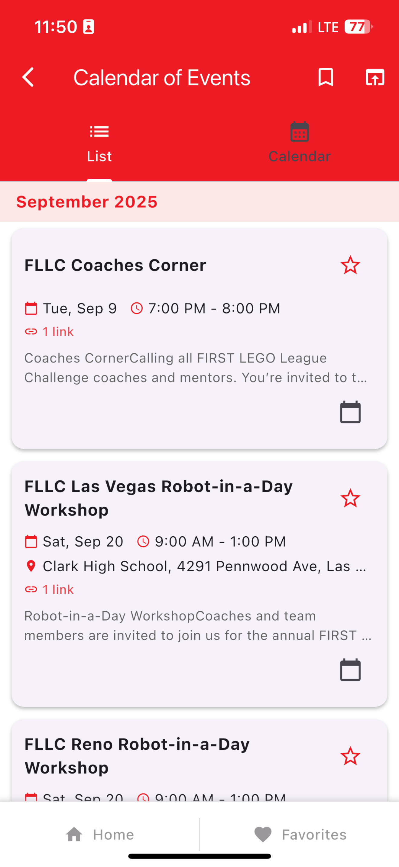 FIRST Nevada App Calendar of Events Screen